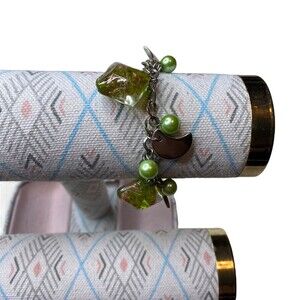 Crescent Moon Green Beaded Glass Swirls Silver Tone Bracelet